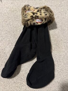 Hunter Black Knit Boot Socks with Leopard Faux Fur Cuff